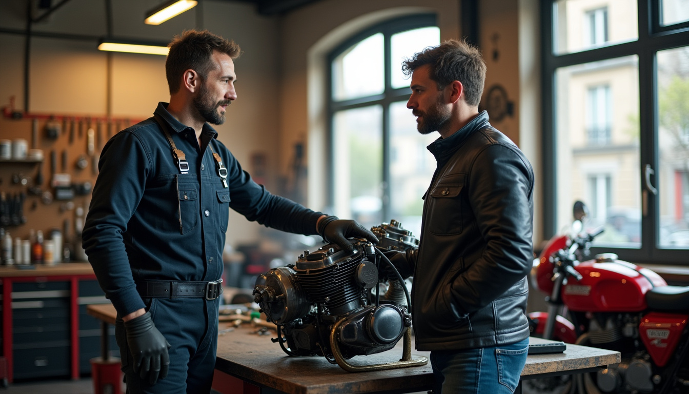 Discussion entre un motard et un mécanicien dans un atelier de réparation