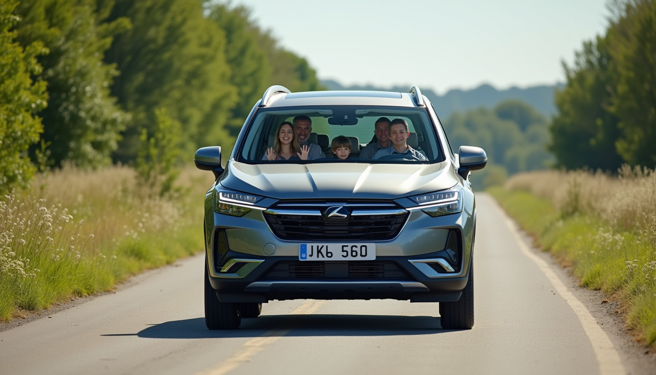 Famille en train d’essayer un véhicule 7 places sur un parcours de test