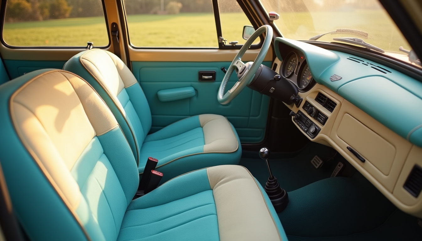 Intérieur d'une Renault 5 Roland Garros montrant les sièges en tissu bicolore, le volant et le tableau de bord