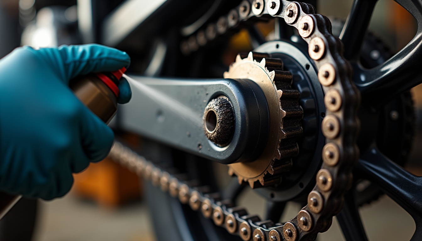 Main pulvérisant de la graisse sur l'intérieur de la chaîne de moto en rotation