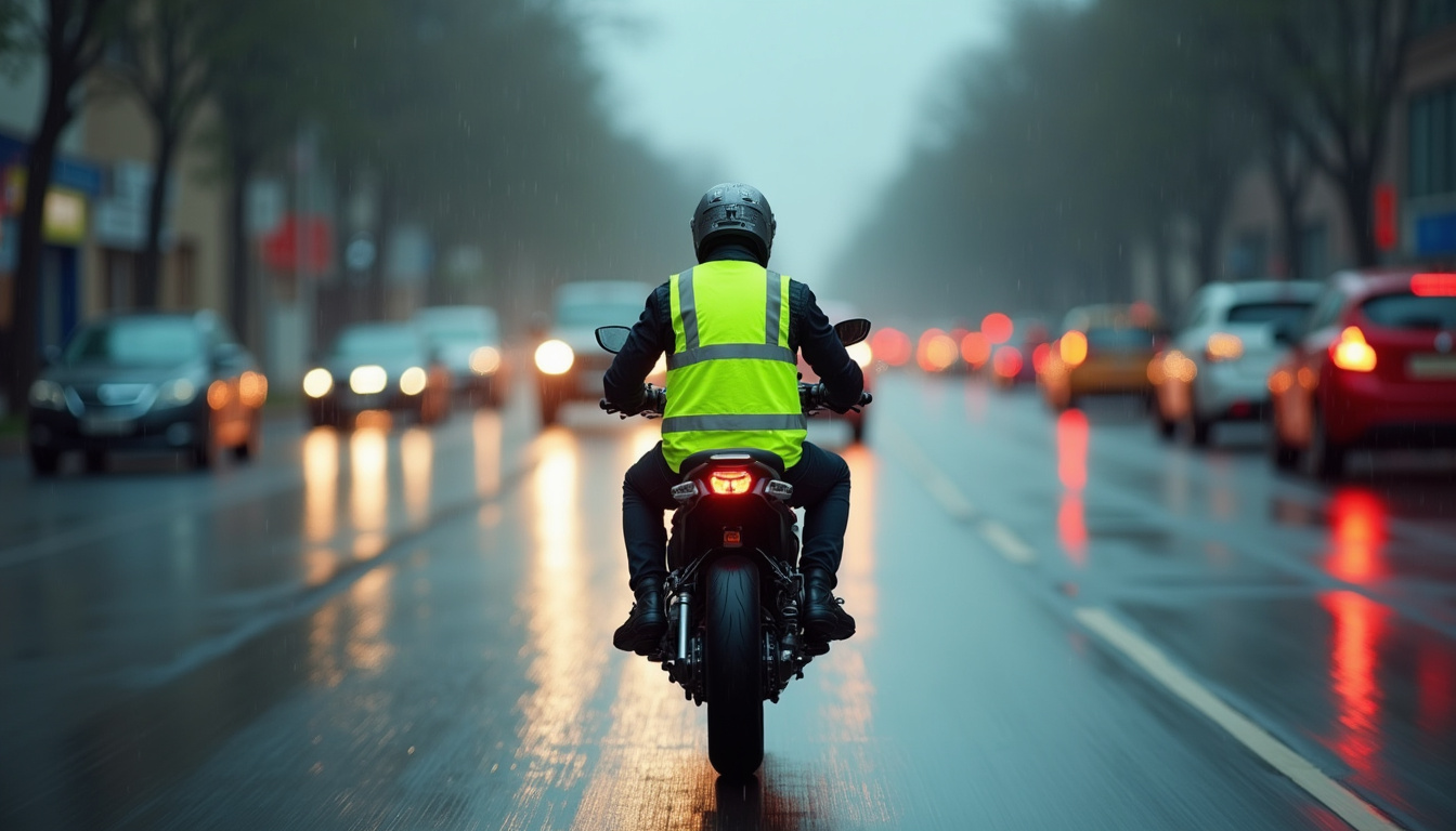 Motard portant un gilet rétro-réfléchissant et circulant entre deux files de voitures