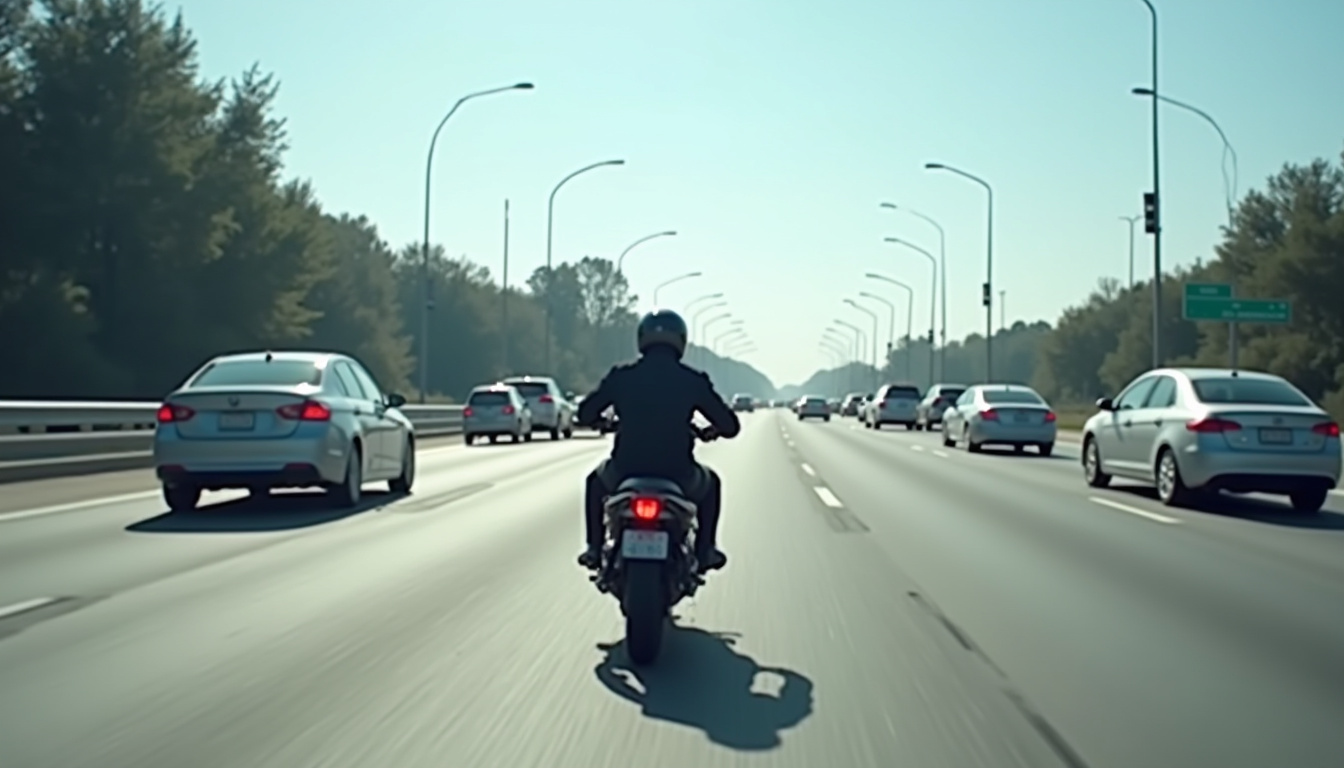 Moto circulant entre deux files de voitures sur une route à chaussées séparées par un terre-plein central