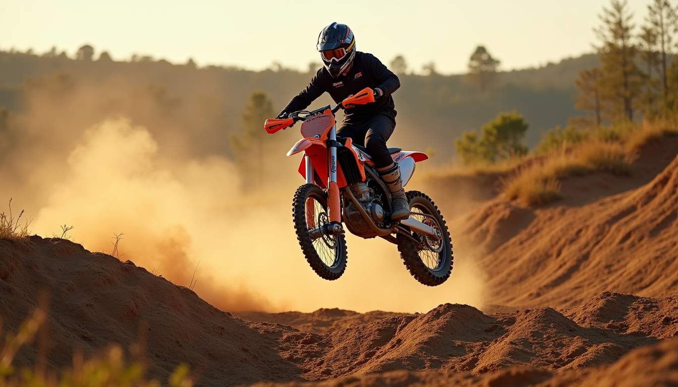 Moto de motocross 125cc en action sur un terrain de cross avec sauts et bosses