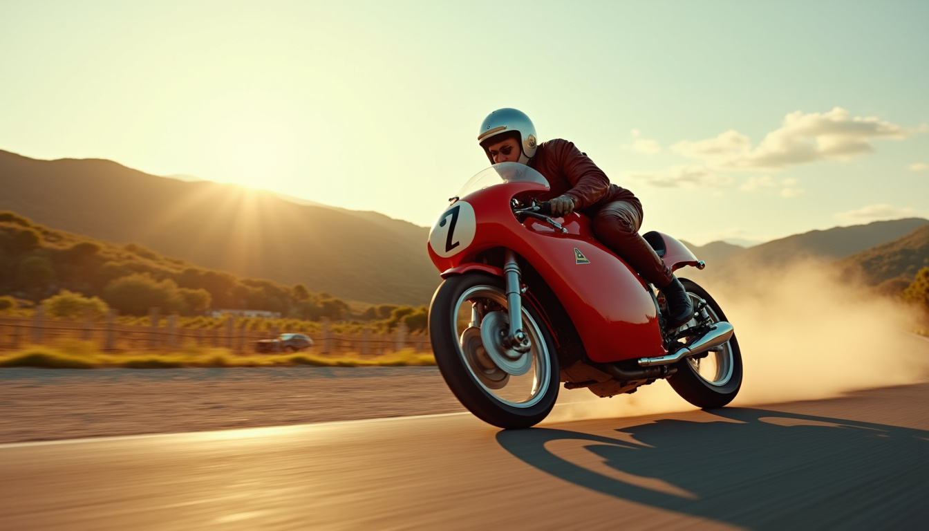 Moto Morini GP 250 en course dans les années 1960, pilotée par Emilio Mendogni sur un circuit italien