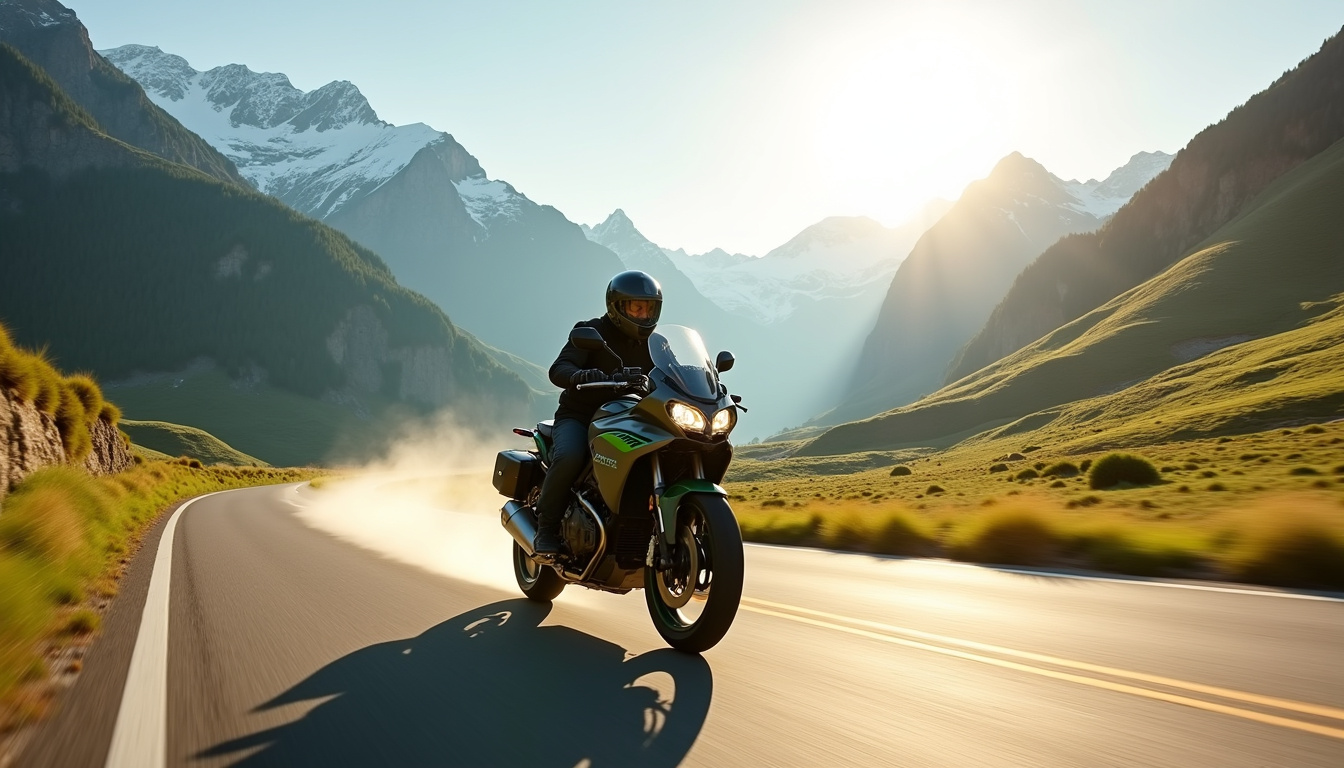 Moto Morini X-CAPE 700 en pleine action sur une route de montagne, avec paysage alpin en arrière-plan