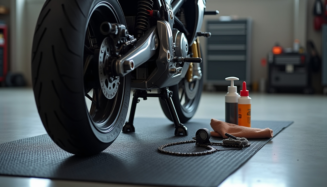 Moto sur béquille d'atelier avec tapis environnemental et outils disposés autour