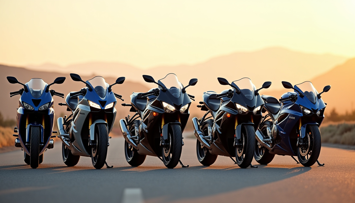 Motos japonaises côte à côte: Honda, Yamaha, Kawasaki, Suzuki et BMW