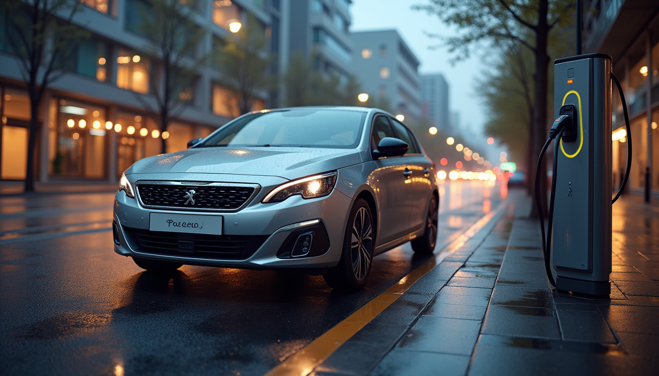 Peugeot 308 hybride en cours de recharge sur une borne publique en milieu urbain