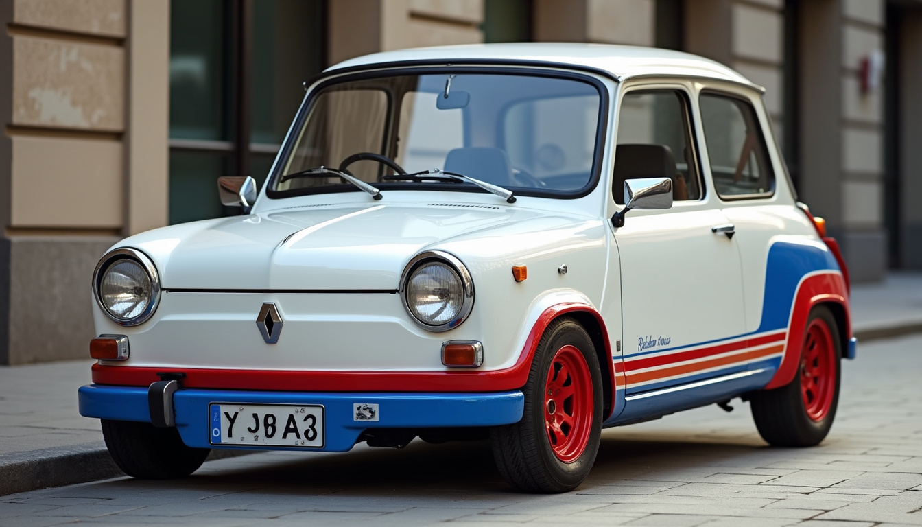 Renault 5 Roland Garros vue de face, montrant la peinture blanche, les liserés bleus et rouges, et les jantes spécifiques