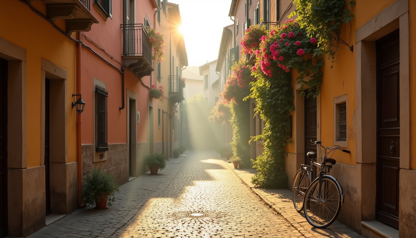Ruelles pavées du centre historique de Ferrara, avec façades colorées, balcons fleuris et reflets dans les canaux