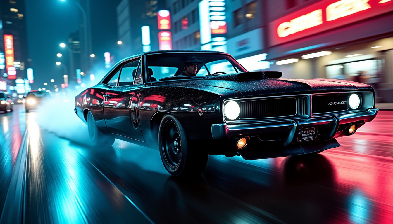 Scène de Fast & Furious avec une Dodge Charger en course-poursuite nocturne