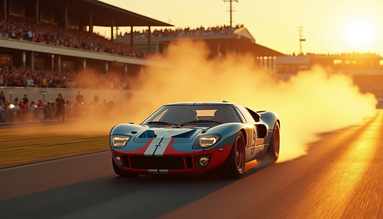 Scène du film Le Mans 66 avec la Ford GT40 sur le circuit des 24 Heures du Mans