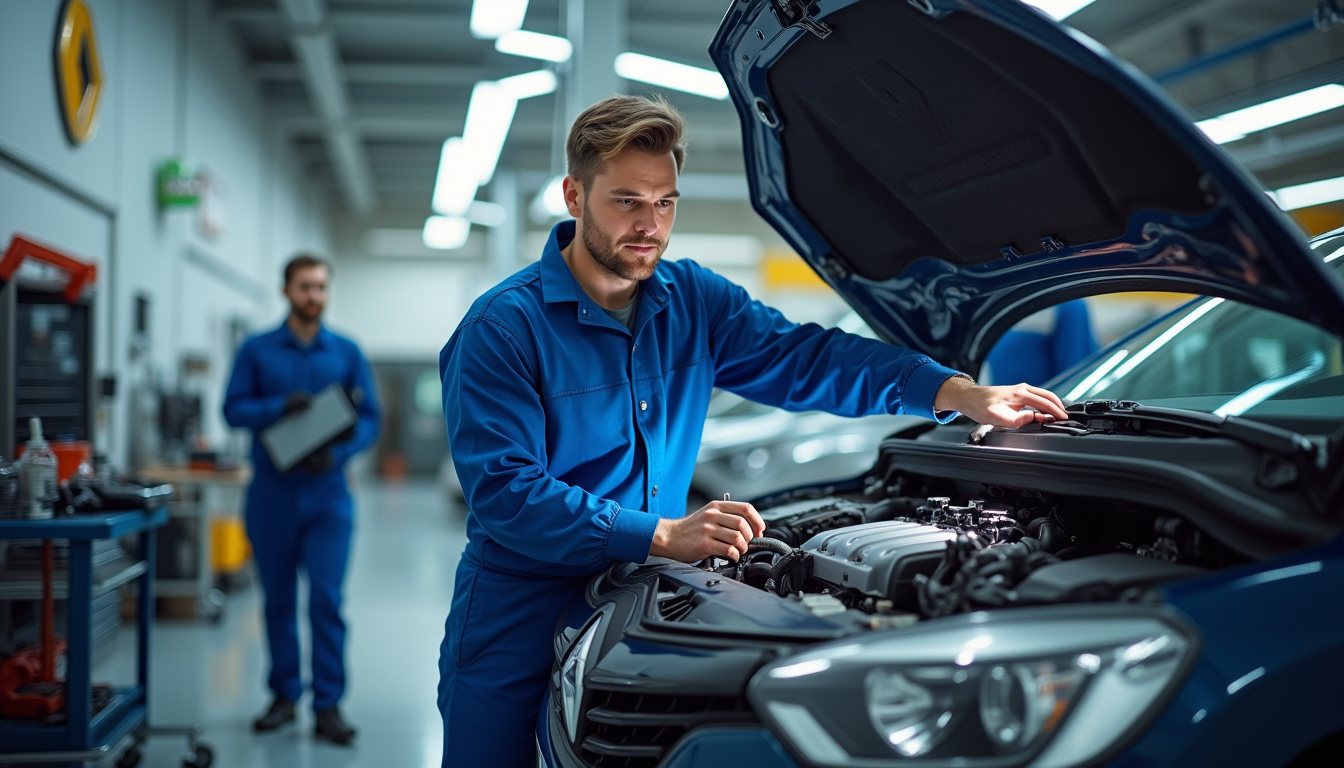 Technicien en train de travailler sur un véhicule dans l’atelier Renault Beauvais