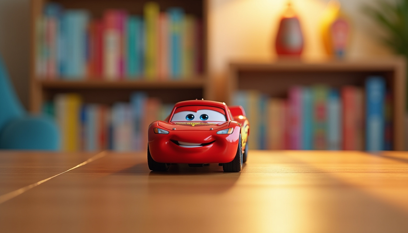 Voiture jouet Flash McQueen posée sur une table en bois avec arrière-plan flou de livres pour enfants