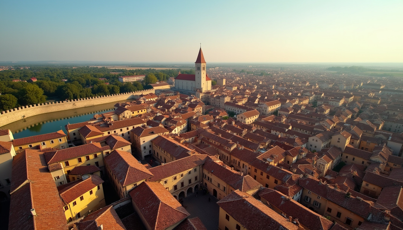 Vue aérienne du centre historique de Ferrara, inscrit au patrimoine mondial de l’UNESCO, montrant les remparts, le château Estense et les toits en tuiles rouges