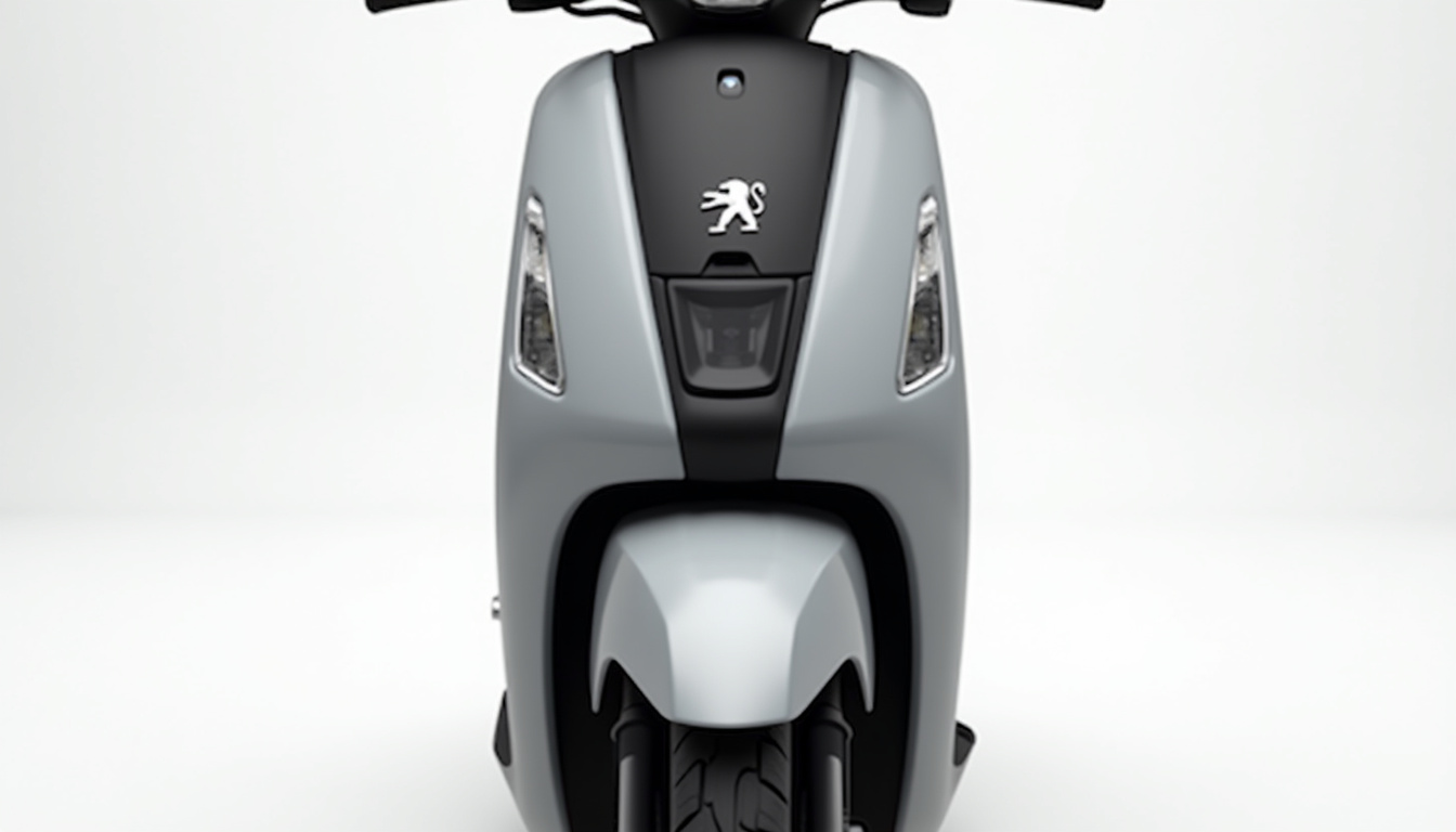 Vue de face du Peugeot Kisbee, montrant le phare, le logo Peugeot et les lignes du carénage