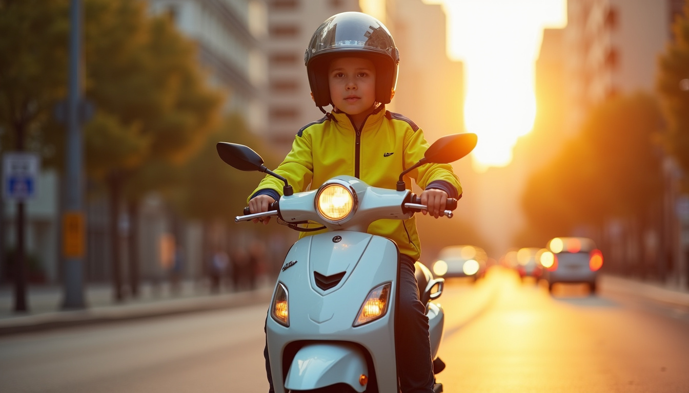 Adolescent sur un scooter 50cc équipé d’un casque et d’un blouson de protection