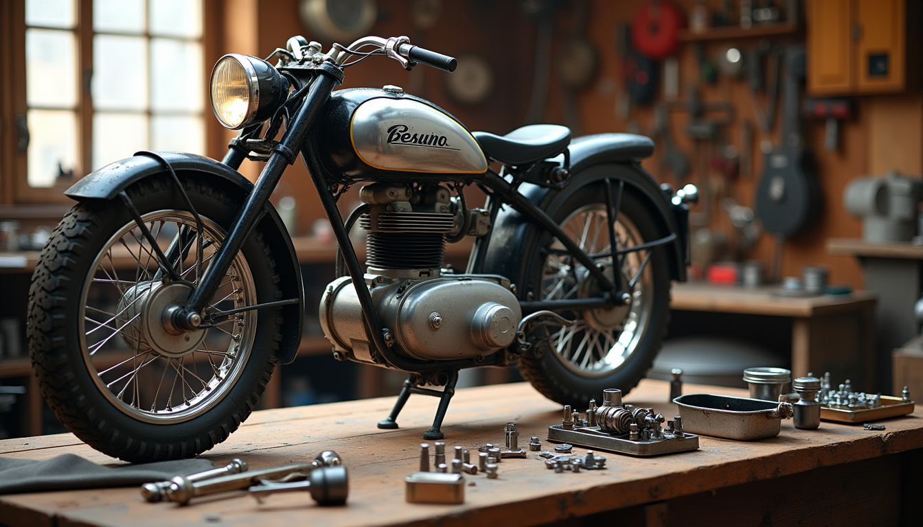Atelier de restauration avec une Motobécane Cady en cours de réparation, outils et pièces détachées visibles