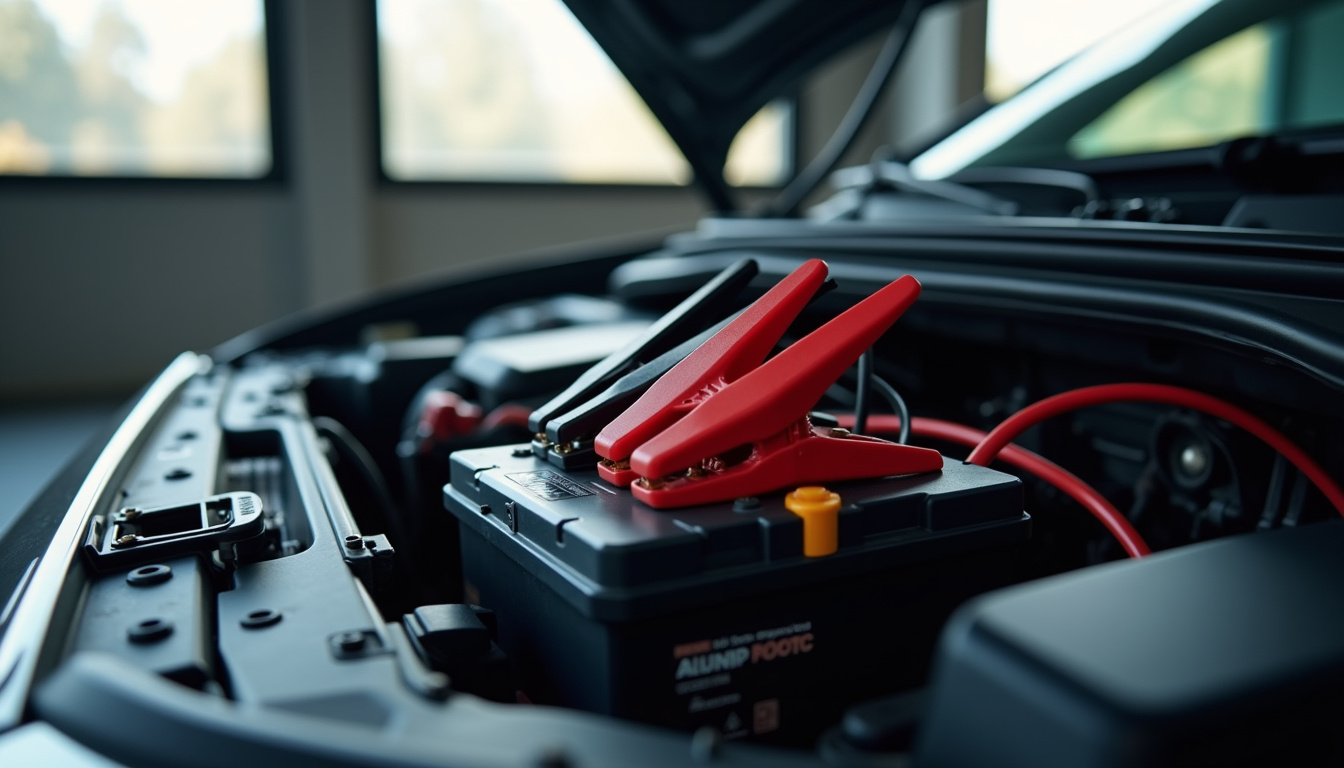 Booster de batterie portable en fonctionnement sur une voiture, pinces connectées aux cosses de la batterie