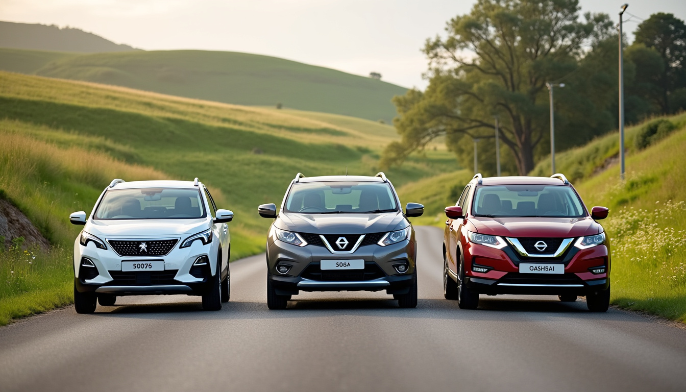 Comparatif visuel de plusieurs SUV compacts familiaux dont le Peugeot 5008, Renault Austral et Nissan Qashqai