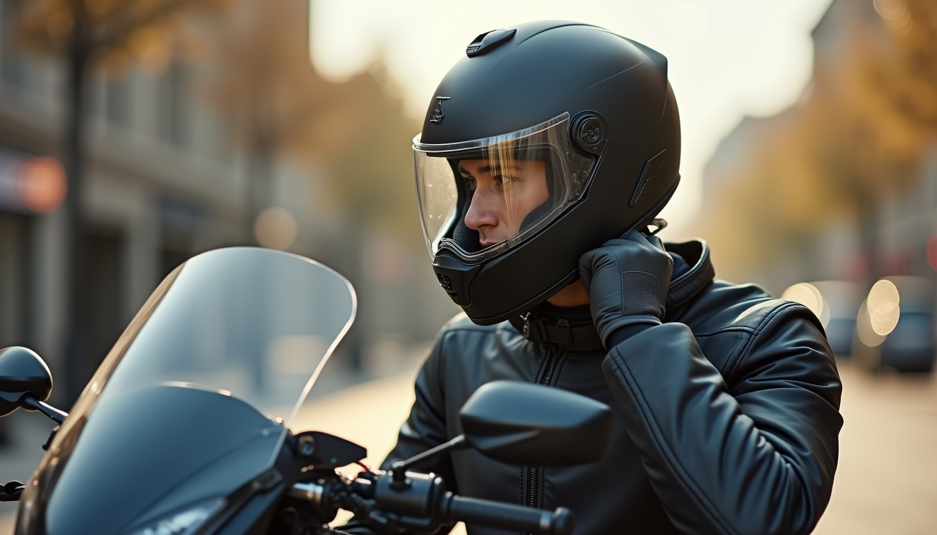 Conducteur essayant un casque moto homologué avant de partir en balade