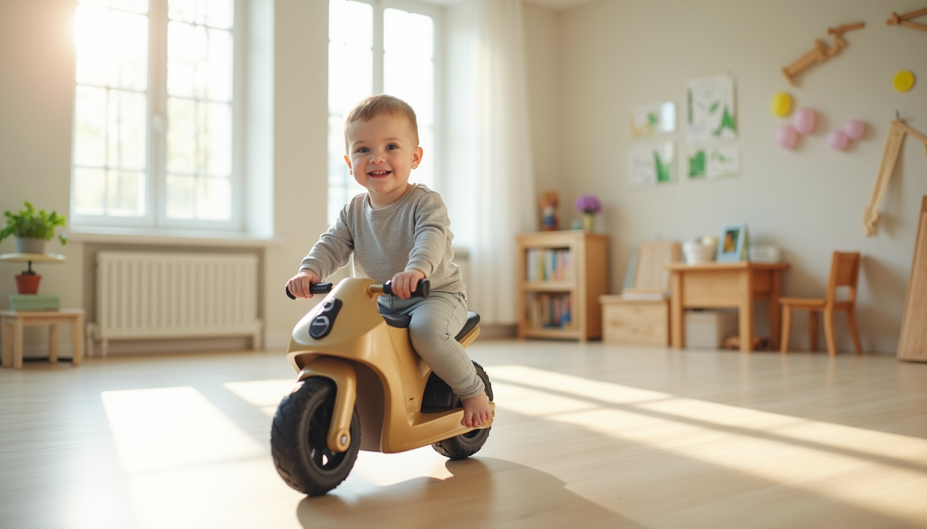 Enfant essayant une moto électrique pour vérifier que ses pieds touchent le sol