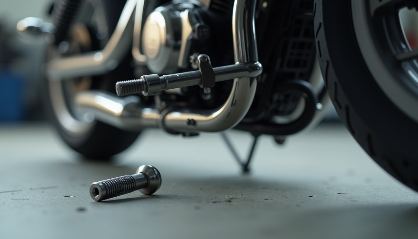 Étapes de remplacement d’un repose-pied de moto: retrait de la goupille, axe et pose du nouveau modèle