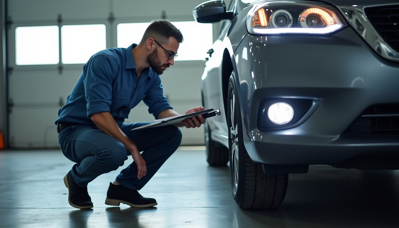 Expert automobile en train d'inspecter un véhicule pour une estimation de reprise