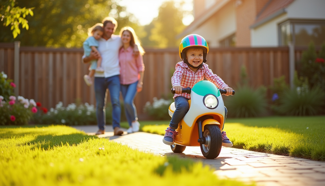 Famille observant un enfant conduire une moto électrique dans le jardin
