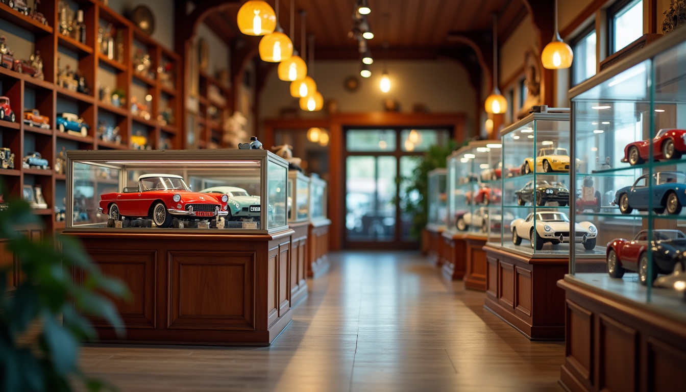 Intérieur d'une boutique spécialisée en automodelisme avec vitrines remplies de voitures miniatures au 1/18e
