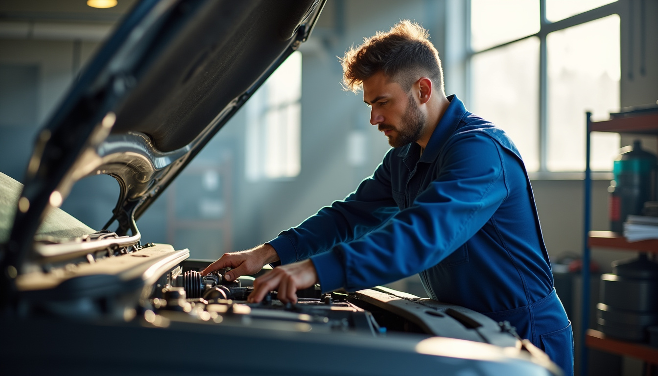 Mécanicien en train d'inspecter le moteur d'un Peugeot 5008 en atelier
