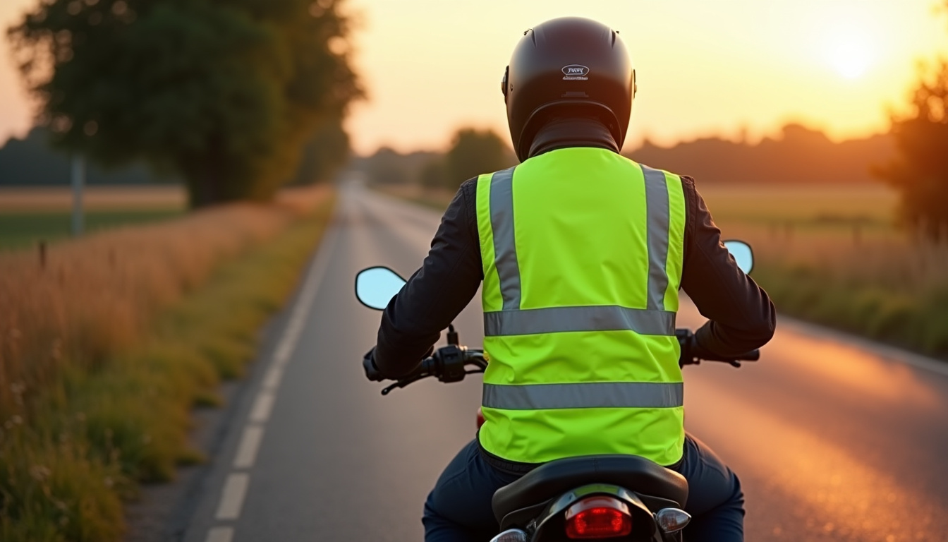 Motard portant un gilet de sécurité jaune fluo sur sa veste avant de descendre de sa moto