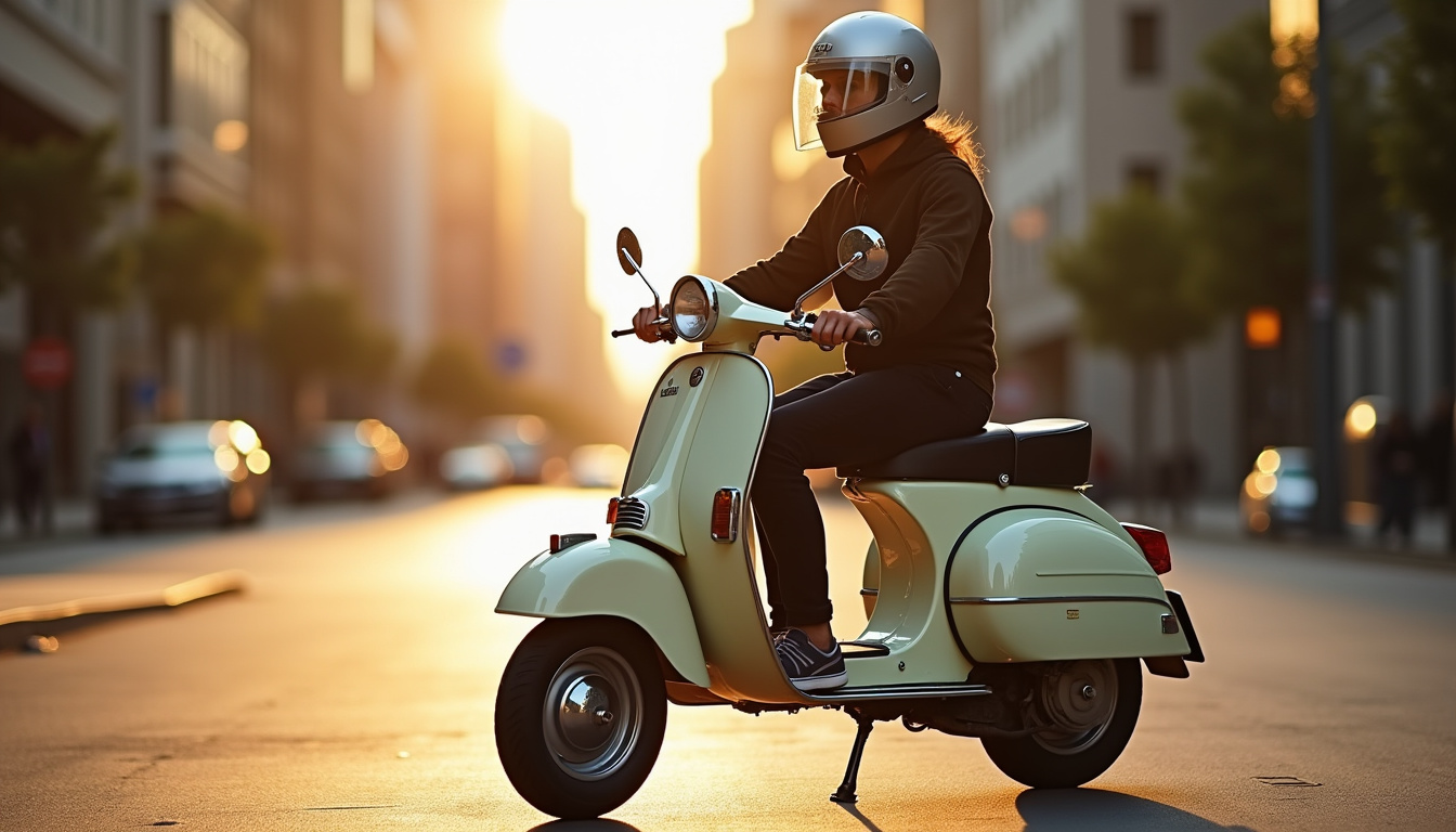 Peugeot 102 restaurée utilisée dans un contexte urbain moderne, avec conducteur casqué