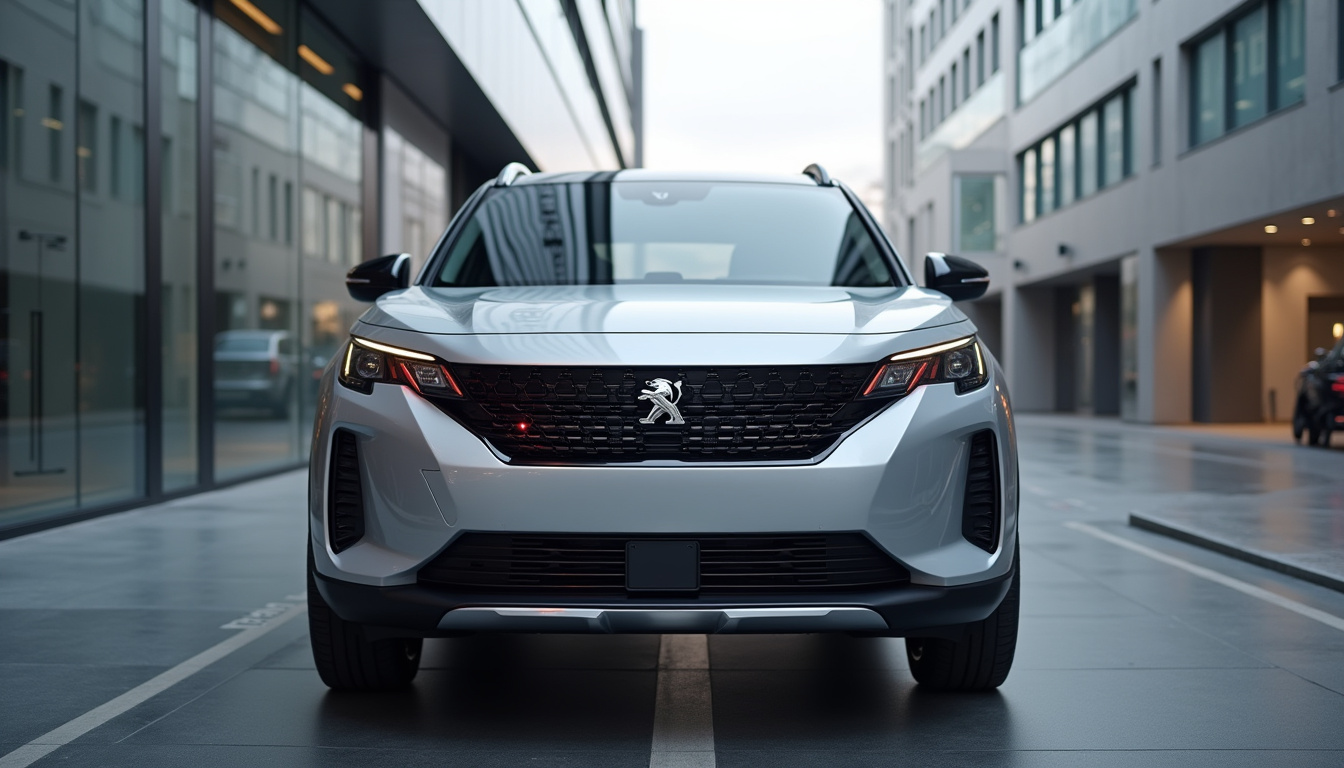 Peugeot 5008 de troisième génération en extérieur, vu de face sur un fond urbain