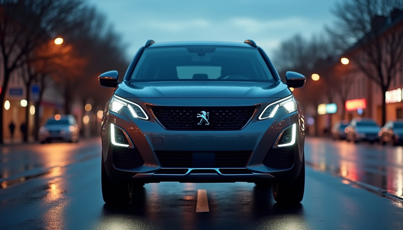 Peugeot E-3008 vue de face avec phares Full LED et bouclier avant imposant