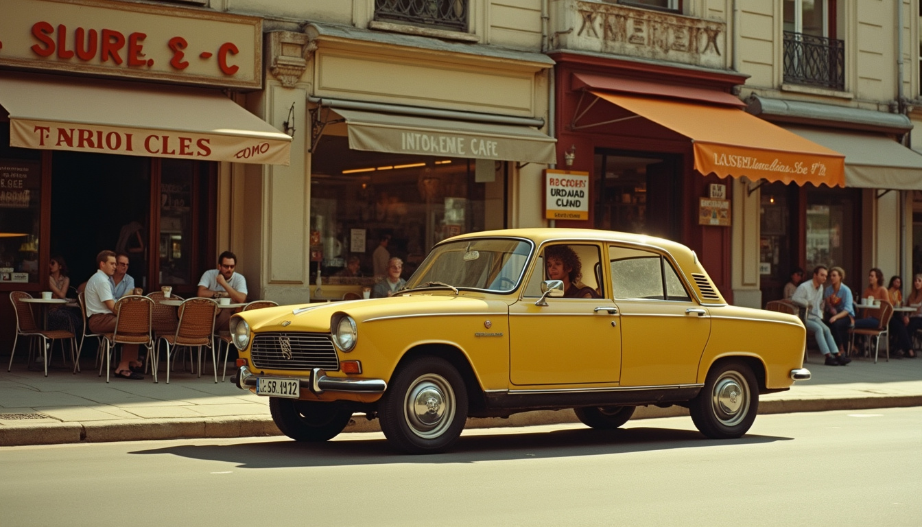 Photographie d'époque d'une Peugeot 102 dans un contexte urbain des années 1970