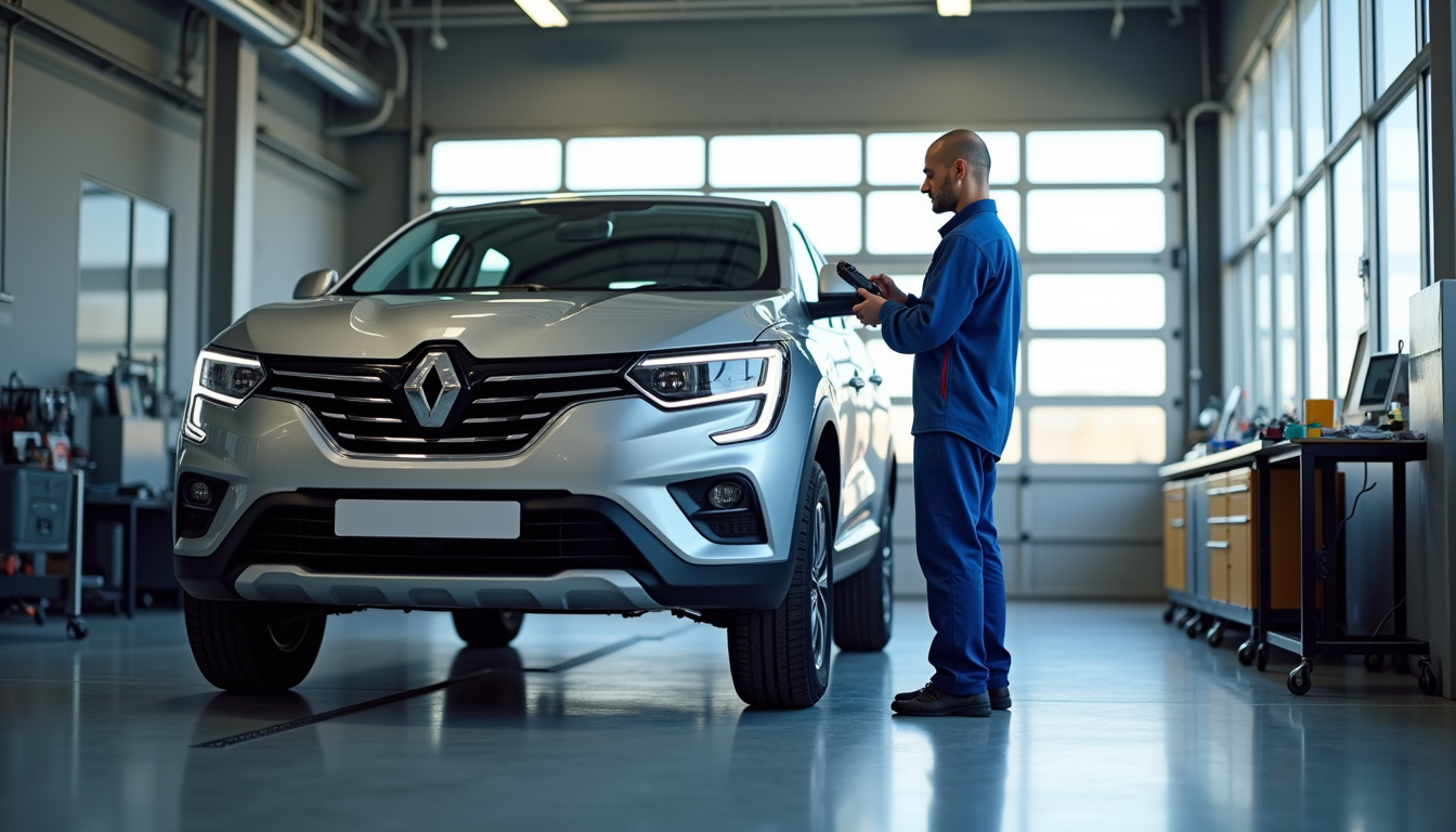 Technicien en combinaison Renault effectuant une révision sur un véhicule dans l'atelier du concessionnaire de Faches-Thumesnil
