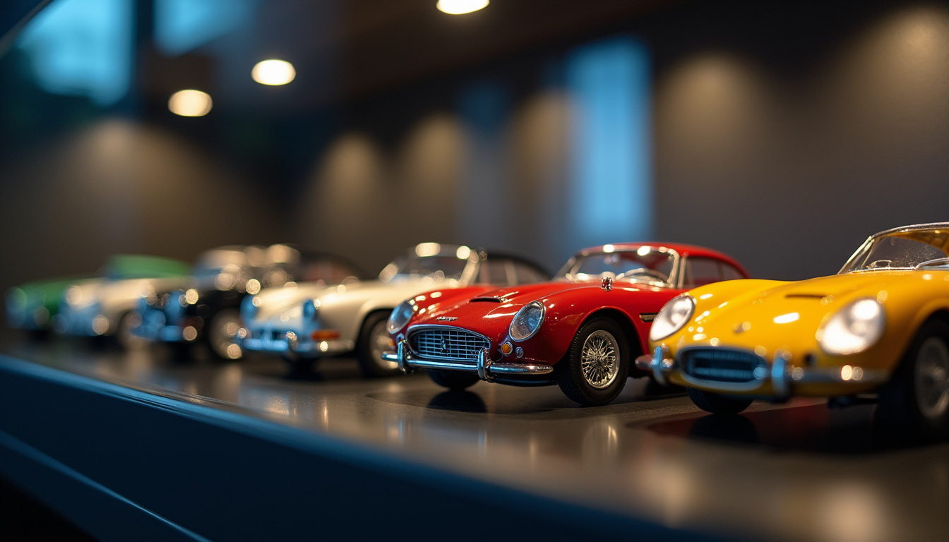 Une collection de voitures miniatures au 1/18e exposées dans une vitrine avec éclairage doux et fond noir