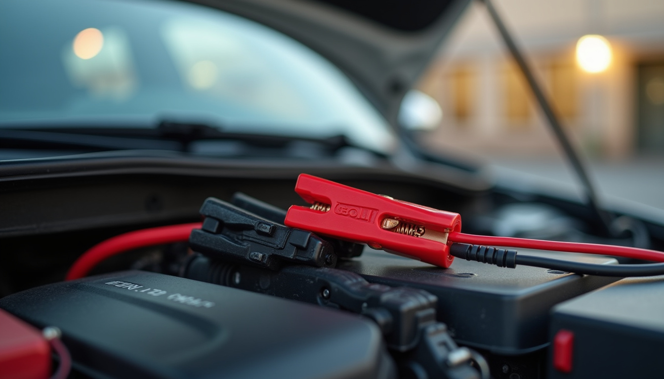 Utilisation d’un booster de batterie sur une voiture, montrant le branchement correct des pinces rouge et noire