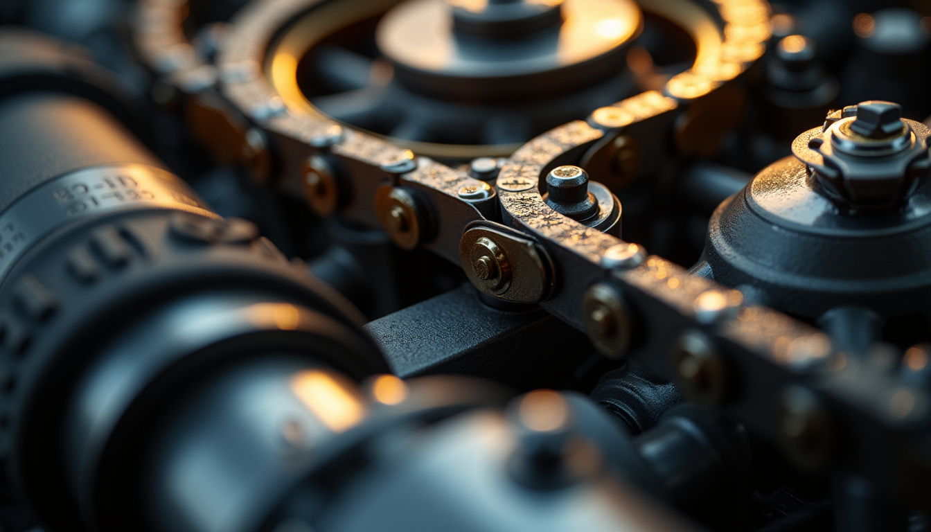 Vue détaillée d'un moteur de voiture montrant la chaîne de distribution en action, lubrifiée par l'huile moteur