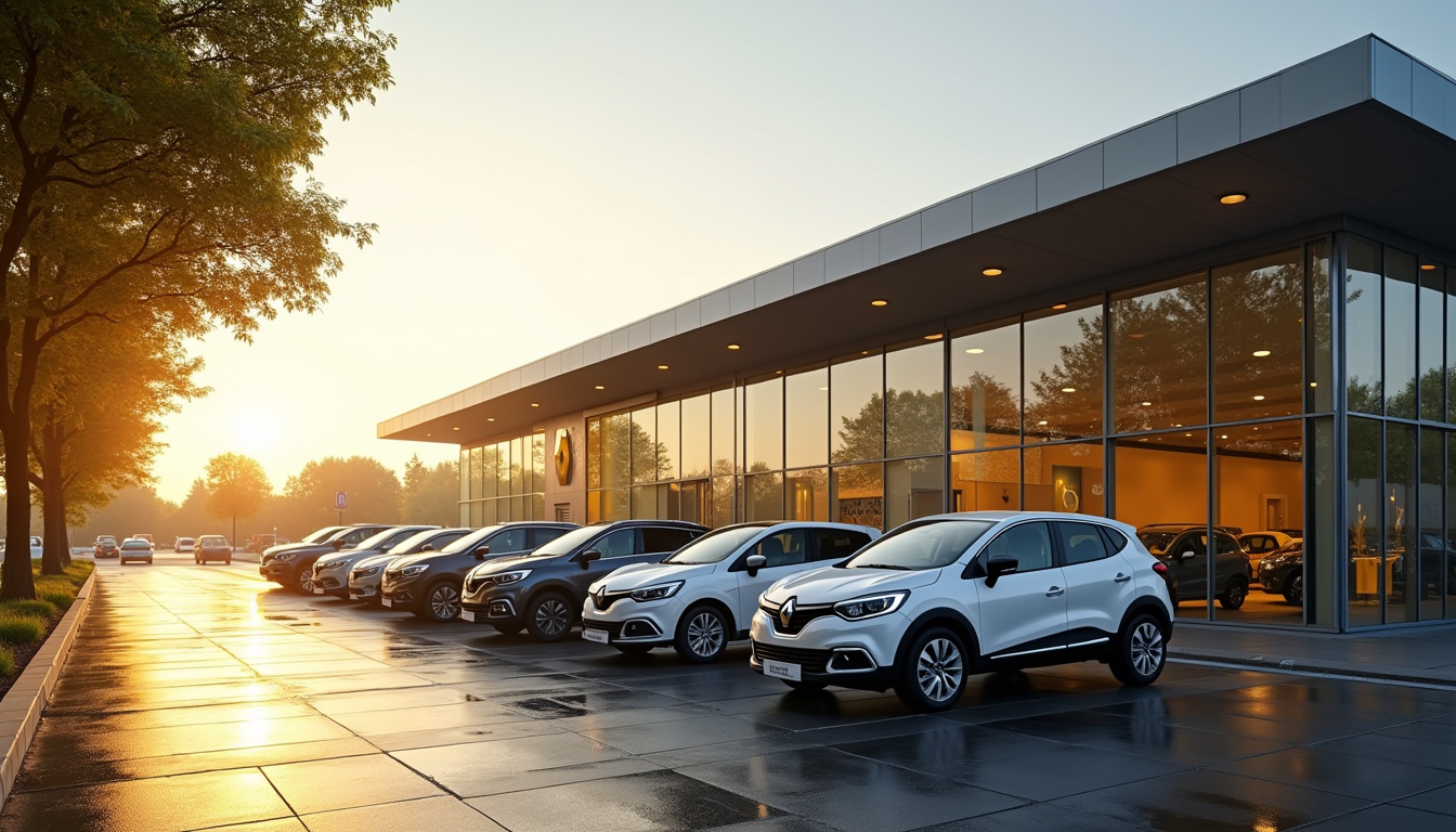 Vue extérieure du concessionnaire Renault situé à Faches-Thumesnil avec véhicules exposés à l'avant
