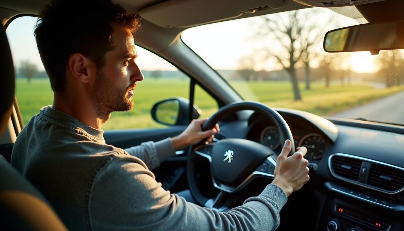 Conducteur effectuant un essai routier sur une Peugeot 208 d'occasion