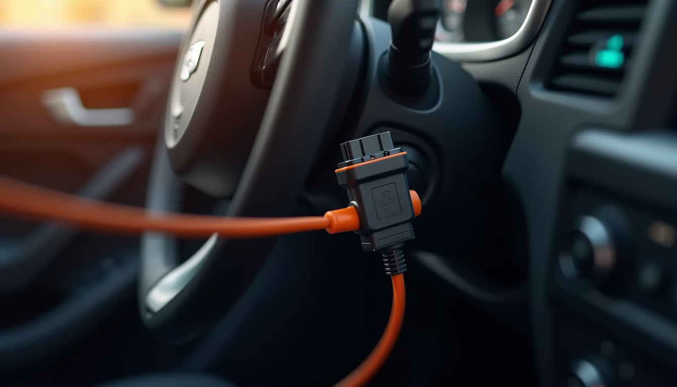 Connexion de la valise diagbox Peugeot à la prise OBD d'un véhicule sous le volant