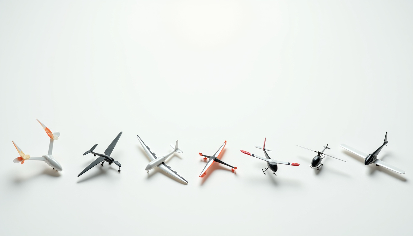 Illustration des six catégories d'ULM: paramoteur, pendulaire, multiaxe, autogire, aérostat, hélicoptère ultra-léger