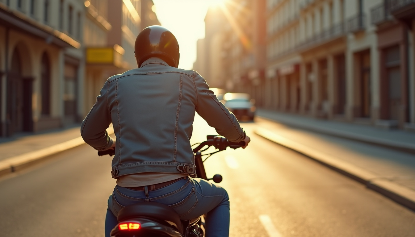 Motard en jean classique conduisant en ville, look quotidien