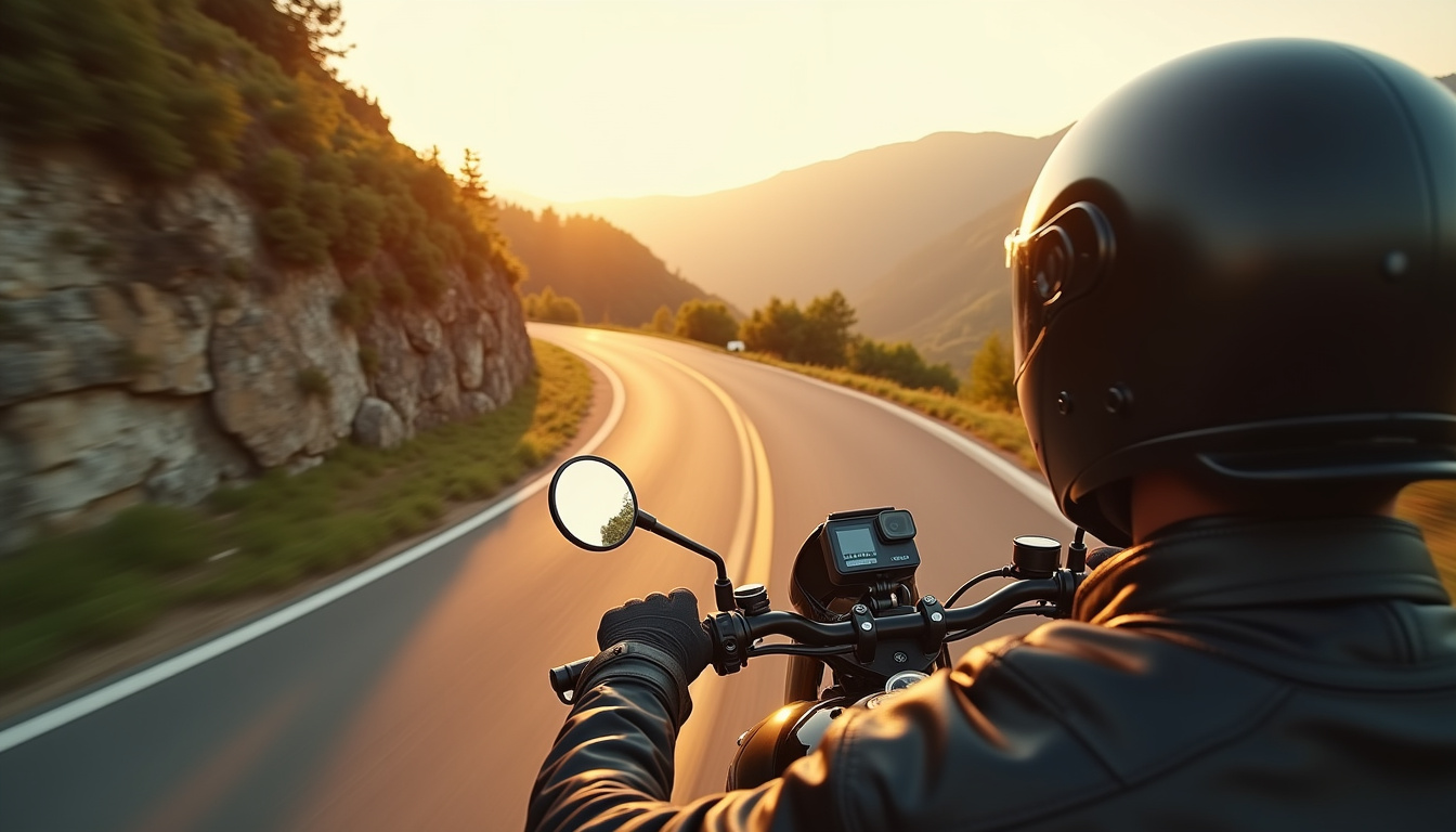 Motard utilisant une caméra moto en situation de conduite sur route sinueuse