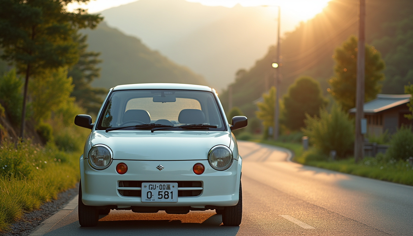Suzuki Cappuccino de face sur route sinueuse, illustrant son statut de kei car japonaise