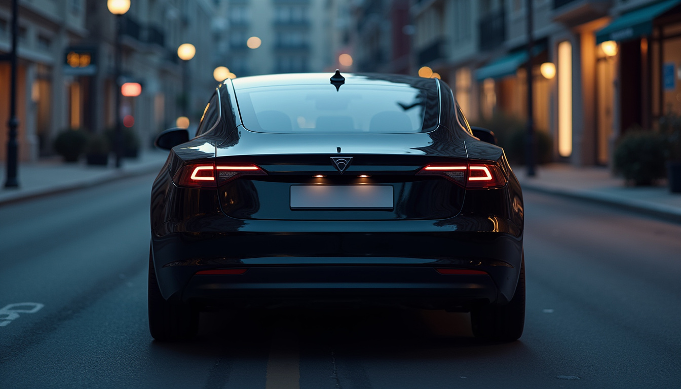 Voiture électrique banalisée en stationnement avec des équipements techniques discrets visibles à l'arrière