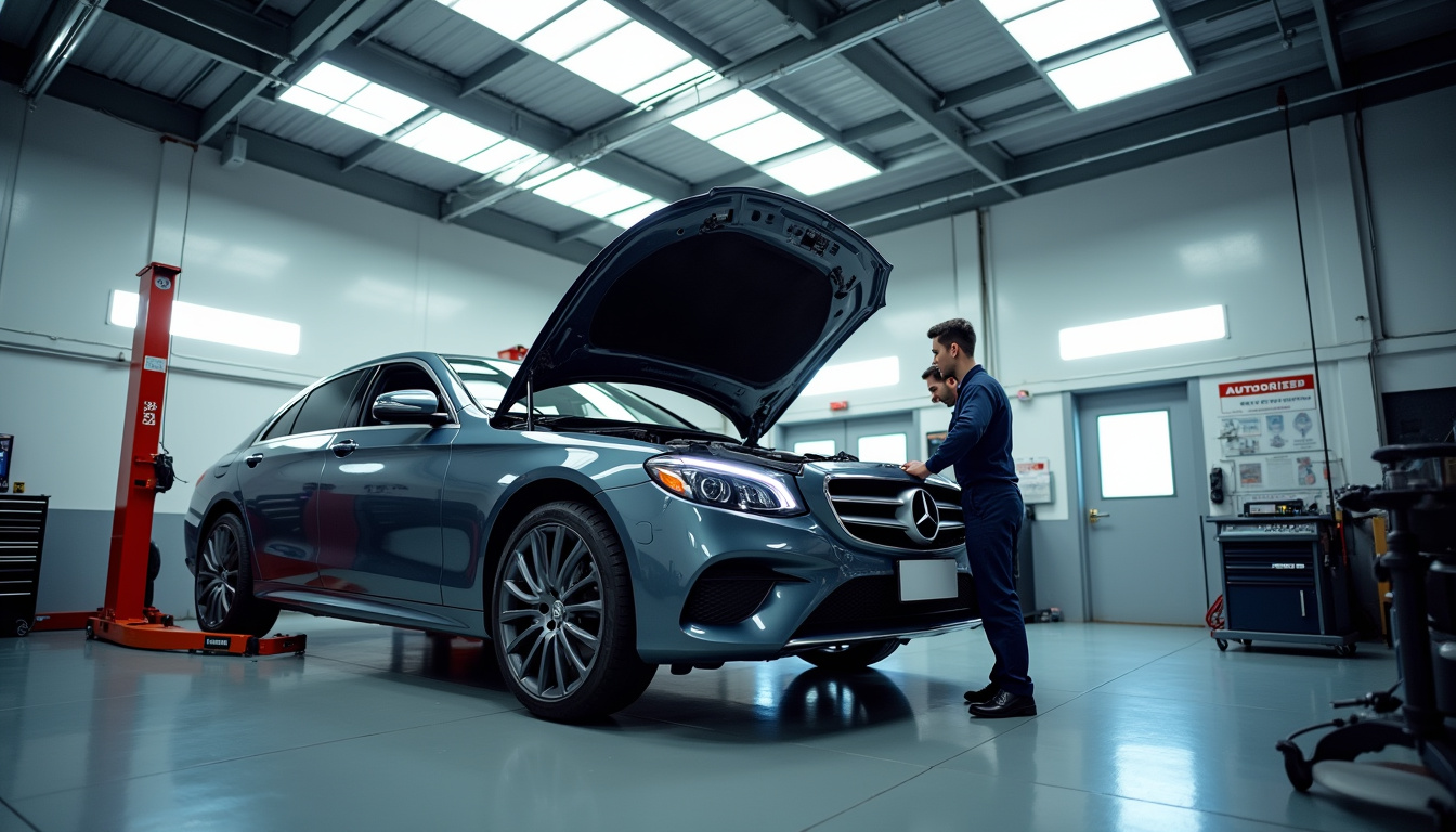 Voiture en cours de révision dans un garage professionnel agréé, sous garantie constructeur