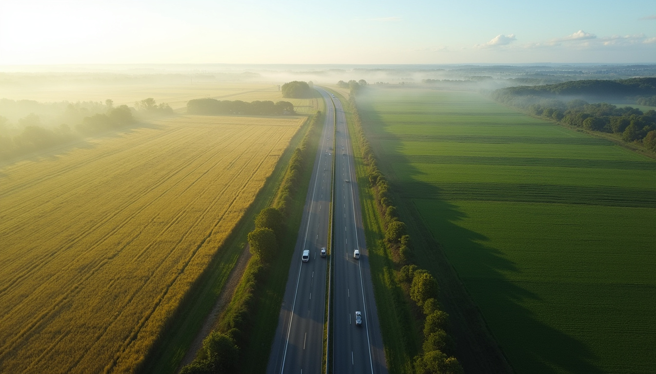 Vue aérienne de l’autoroute A1 reliant Paris à Lille, traversant la Picardie